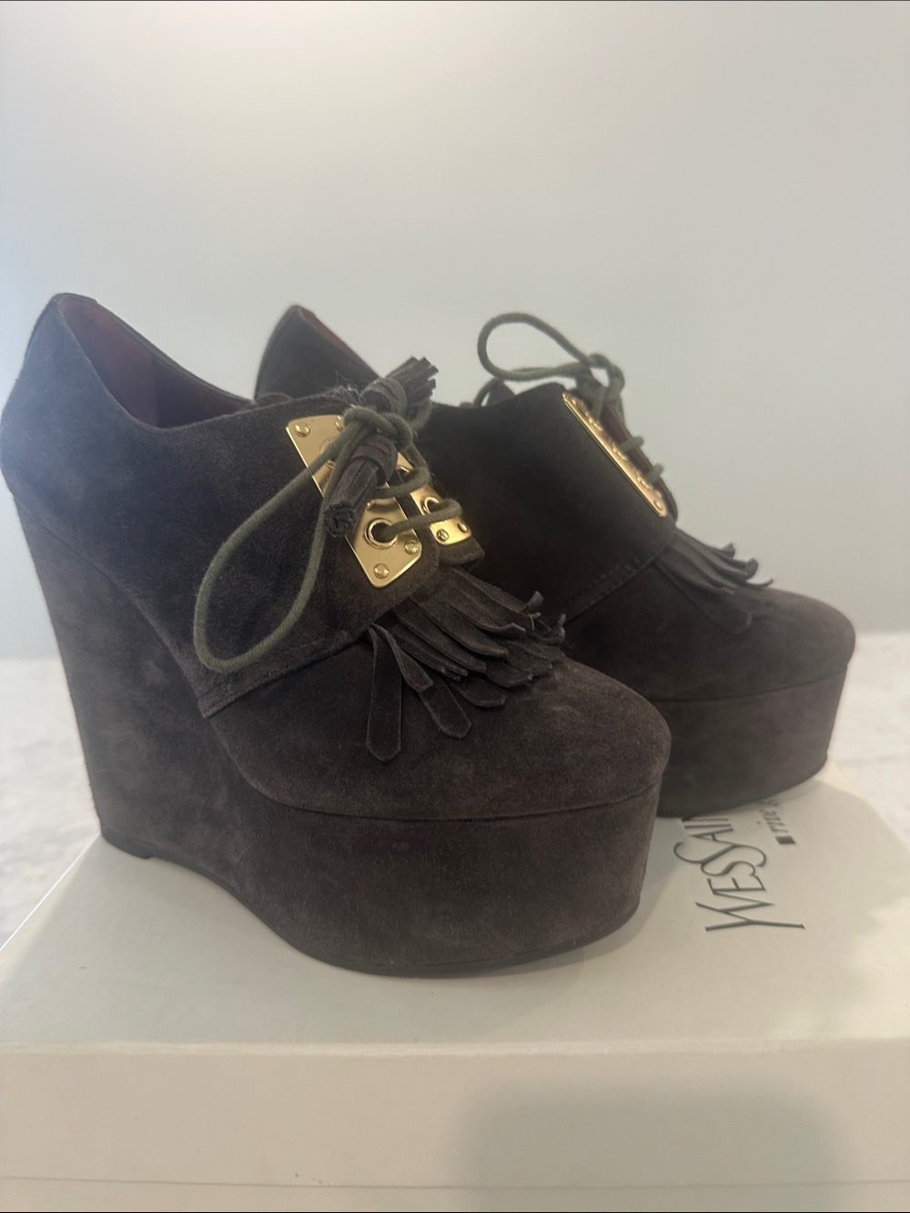 Marc by Marc Jacobs Grey Suede Fringe Wedge Platforms with Gold Hardware 37